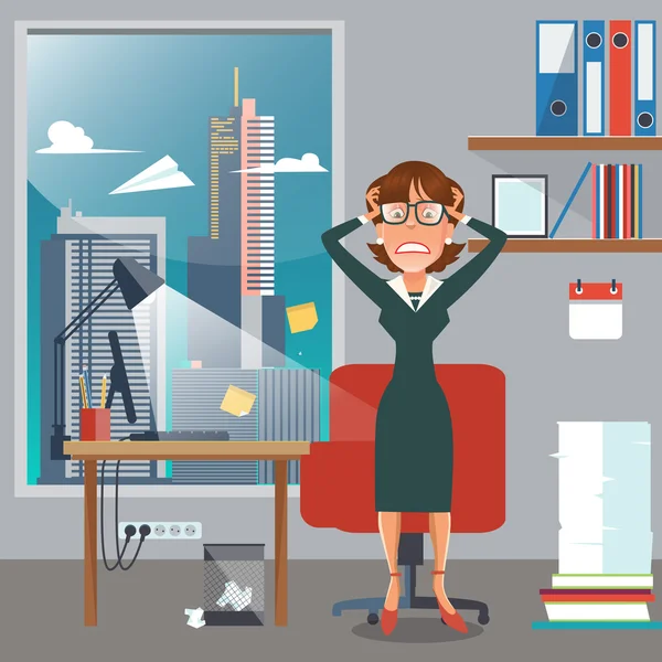 Mujer de negocios estresada en el lugar de trabajo de oficina con computadora y documentos. Ilustración vectorial — Archivo Imágenes Vectoriales