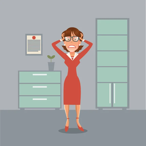 Stresset forretningskvinne med hodepine på kontoret. Vektorillustrasjon – stockvektor