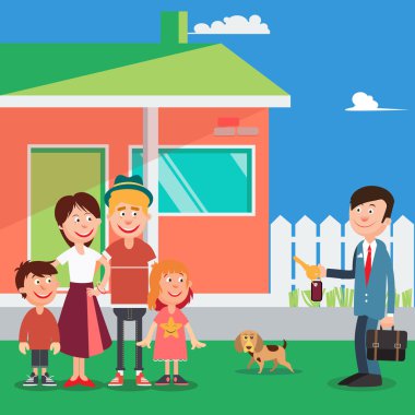 Mutlu bir aile yeni bir ev satın almak. Emlakçı