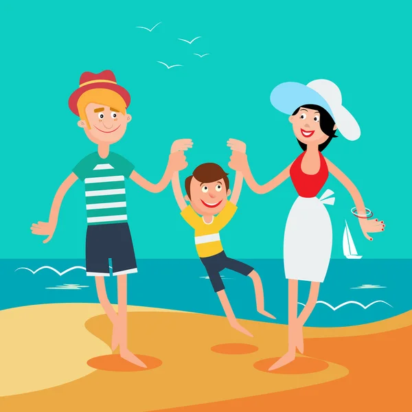 Οικογενειακές καλοκαιρινές διακοπές. Ευτυχισμένη οικογένεια στη θάλασσα — Διανυσματικό Αρχείο