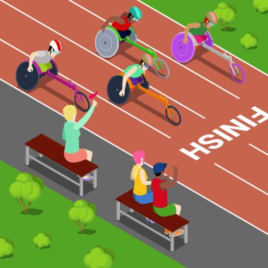Engelli spor. Özürlü insanlar yarış bir rekabet içinde. İzometrik vektör çizim