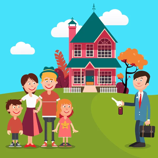 Família feliz comprando uma casa nova. Agente imobiliário — Vetor de Stock
