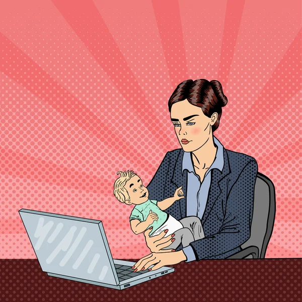 Dizüstü bilgisayarda çalışan ve bebek tutan bir iş kadını — Stok Vektör