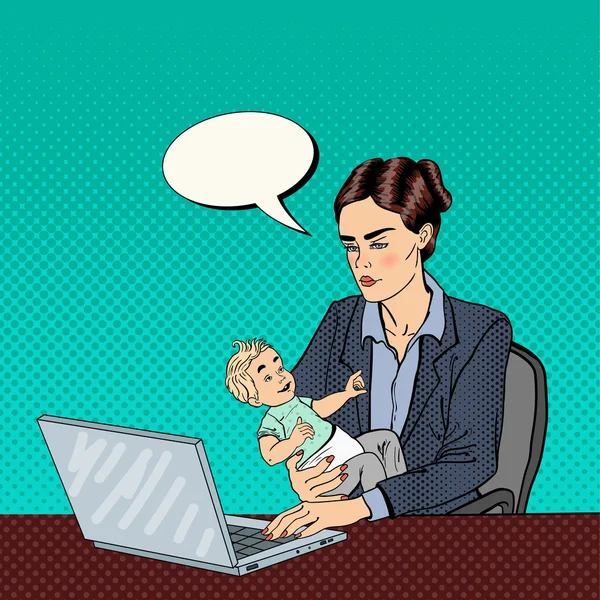 Donna d'affari che lavora sul computer portatile e tenendo il bambino — Vettoriale Stock