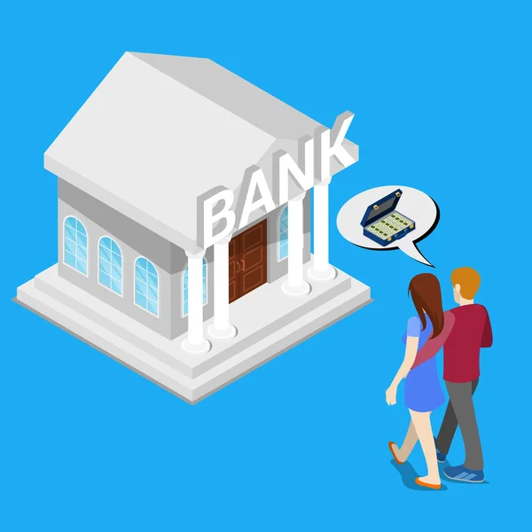 Casal ir ao banco para um crédito. Isométrico — Vetor de Stock