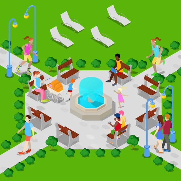 Parque Isométrico de la Ciudad con Fuente. Personas activas — Vector de stock