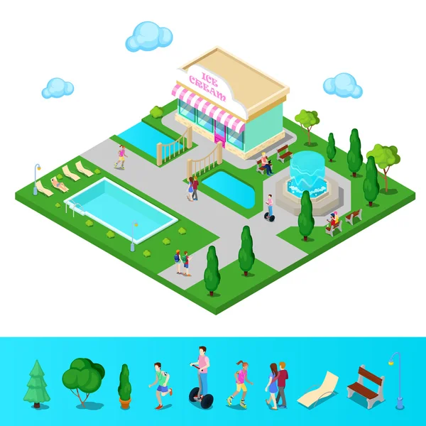 Isometrisk City Park med Pool — Stock vektor