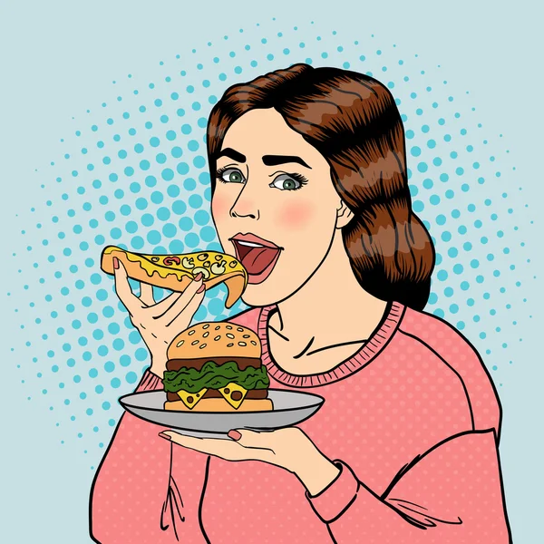 Donna affamata che mangia cibo malsano. Pop Art. Illustrazione vettoriale — Vettoriale Stock