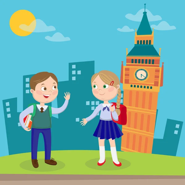 Imparare la lingua inglese. Bambini felici in vacanza a Londra. Illustrazione vettoriale — Vettoriale Stock