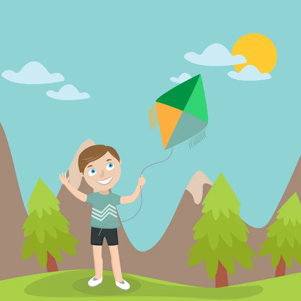 Happy Boy lässt Drachen in den Bergen steigen. Vektorillustration — Stockvektor