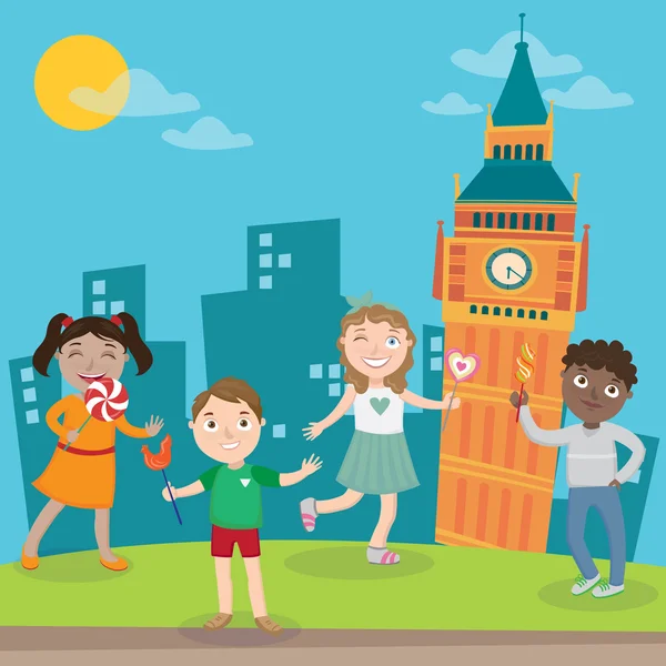 Happy Children on Vacation in London. Ilustração vetorial —  Vetores de Stock