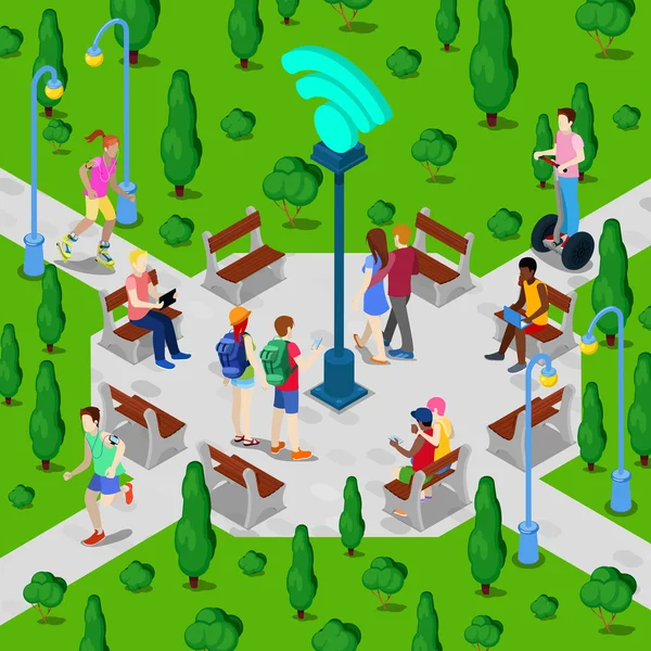 Isometrisk City Park med Wi-Fi-Hotspot — Stock vektor