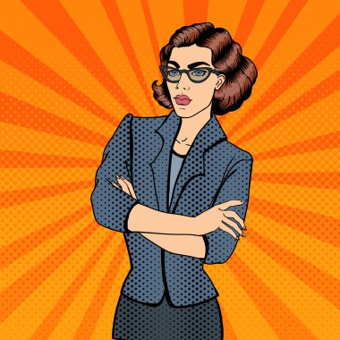 Kendine güvenen Genç İş Kadını. Pop Art. Vektör çizimi