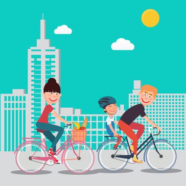 Şehirde Mutlu Aile Bisikletleri. Bisikletli Kadın. Baba ve oğul. Vektör çizimi