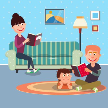 Baba Oğluna Kitap Okuyor. Anne Okuma Kitabı. Vektör çizimi