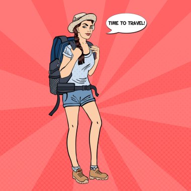 Sırt çantalı genç kadın. Bayan Turist Sırt Çantası. Pop Art. Vektör illüstrasyonu