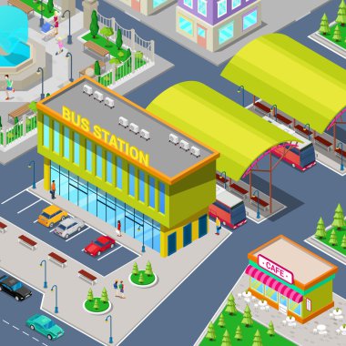 Otobüs, Park Alanı, Restoran ve Park ile Isometric Şehir Otogarı. Vektör çizimi