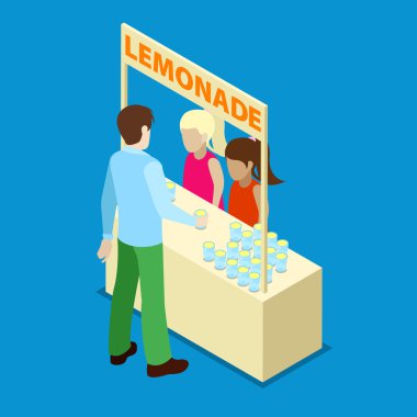 Açık ev yapımı limonata'de iki kız hazır. İzometrik insanlar. Vektör çizim