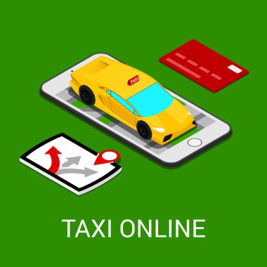 Taksi hizmeti mobil uygulaması. İzometrik taksi araba smartphone cep telefonu ile. Vektör çizim