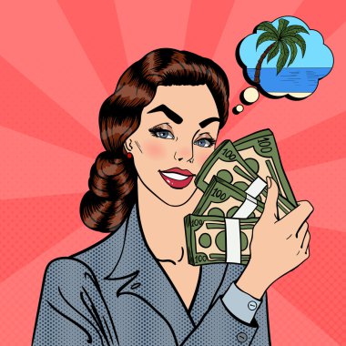 Heyecanlı iş kadın Holding dolar faturaları onun elinde. Para hakkında tatil tropikal rüya ile bir kadın. Pop Art. Vektör çizim