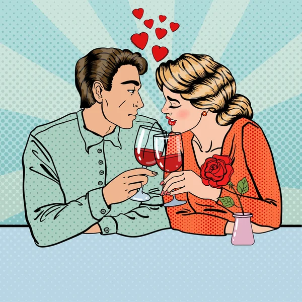 Casal romântico com copos de vinho no restaurante. Pop Art. Ilustração vetorial — Vetor de Stock