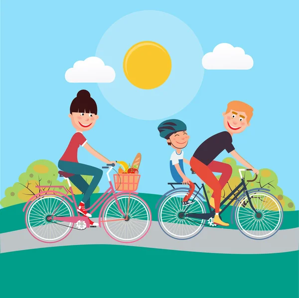 Happy Family Riding Bikes. Una donna in bicicletta. Padre e figlio. Illustrazione vettoriale — Vettoriale Stock