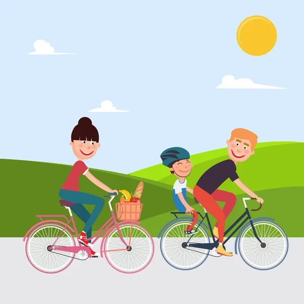 Happy Family Riding Bikes. Una donna in bicicletta. Padre e figlio. Illustrazione vettoriale — Vettoriale Stock