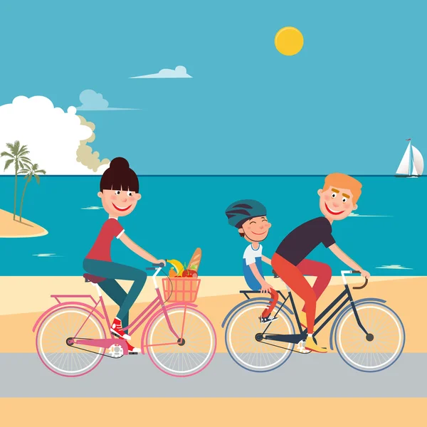Счастливые семейные велосипеды на пляже. Женщина на велосипеде. Отец и сын. Векторная иллюстрация — стоковый вектор
