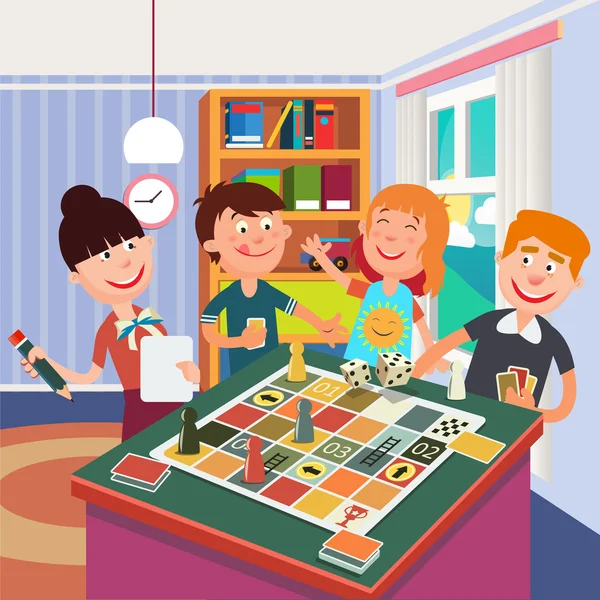 Familia jugando juego de mesa. Feliz fin de semana familiar. Ilustración vectorial — Archivo Imágenes Vectoriales