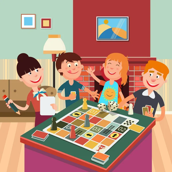 Οικογενειακό παιχνίδι επιτραπέζια. Ευτυχισμένο οικογενειακό Σαββατοκύριακο. Απεικόνιση διανυσματικών φορέων — Διανυσματικό Αρχείο