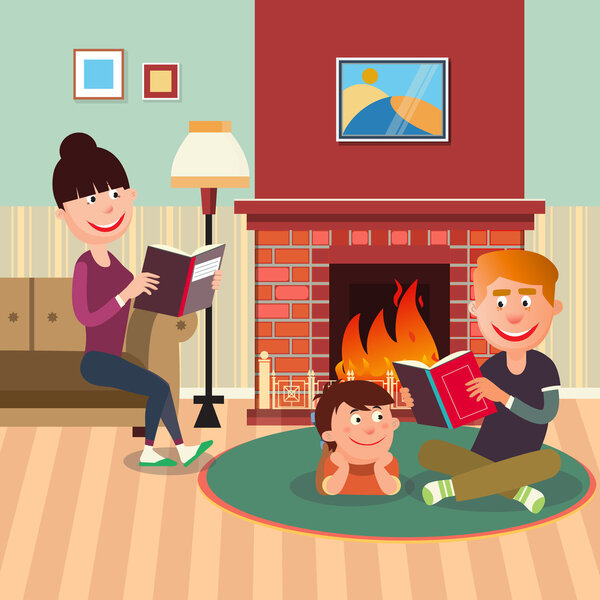 Father Reading Book to his Son near Fireplace. Mother Reading Book. Vector illustration