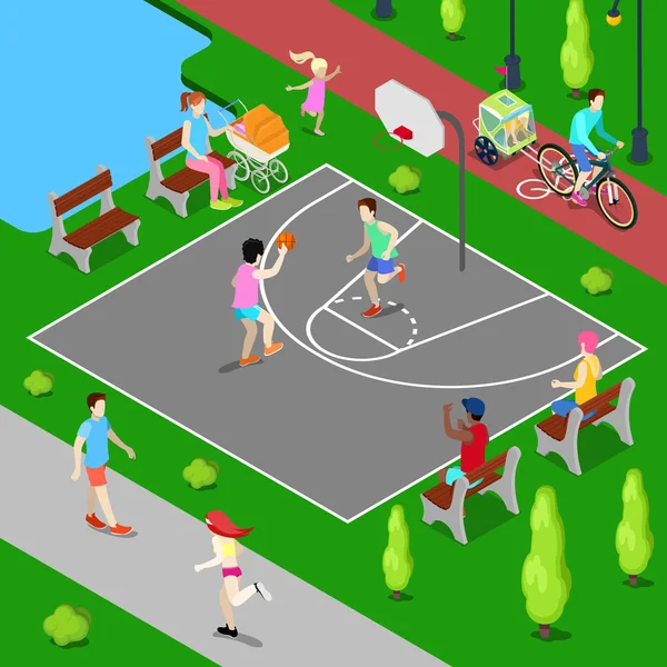 Isometrischer Basketballspielplatz. Sportliche Menschen, die im Park Basketball spielen. Vektorillustration — Stockvektor