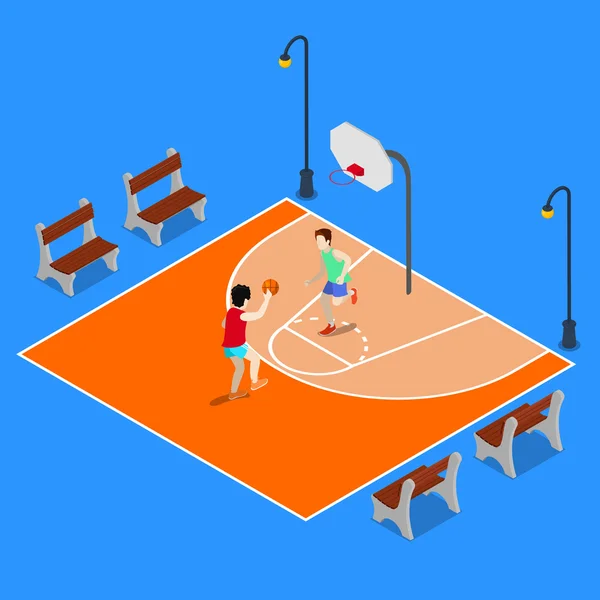 等轴测篮球场。运动的人打篮球。矢量插图 — 图库矢量图片