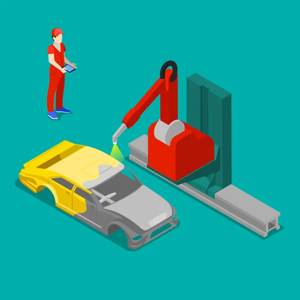 Robot målning bilkaross i bilfabrik. Isometrisk transport. Vektor illustration — Stock vektor