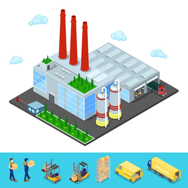 Edificio de Almacén Isométrico con Área de Transporte Industrial. Industria de carga. Ilustración vectorial — Vector de stock