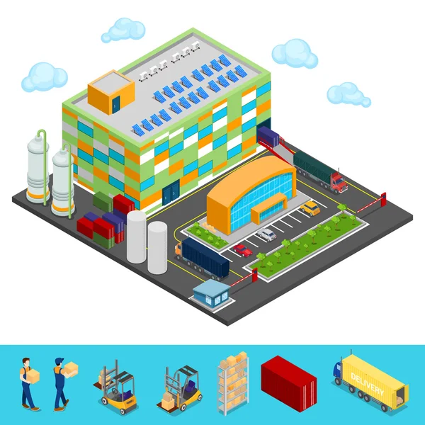 Isometric Warehouse Building with Industrial Shipping Area. Cargo Industry. Vector illustration — Stock Vector
