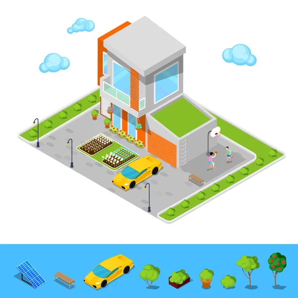 Modern stuga hus med Garage, basket lekplats och gröna tak. Isometrisk byggnad. Vektor illustration — Stock vektor