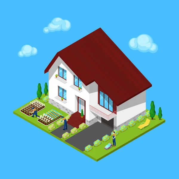 Modern stuga hus med gröna gården och trädgårdsmästare. Isometrisk byggnad. Vektor illustration — Stock vektor