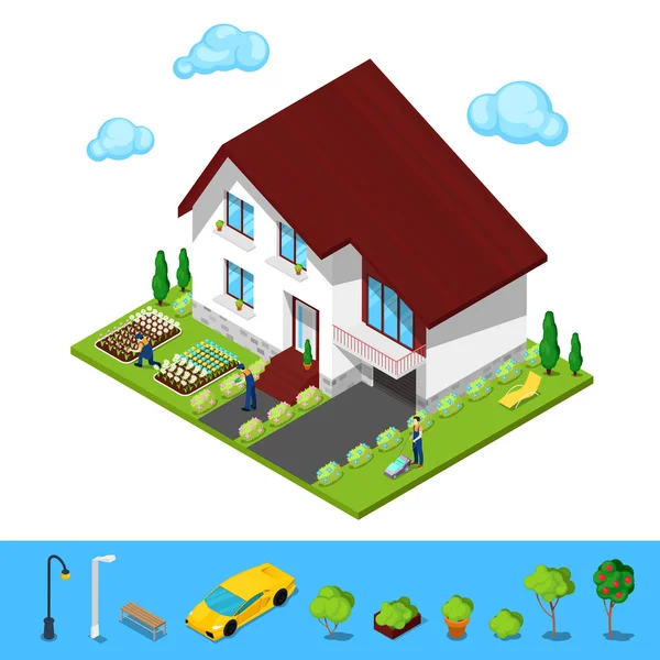 Modern Cottage House com Green Yard e Jardineiros. Prédio Isométrico. Ilustração vetorial —  Vetores de Stock