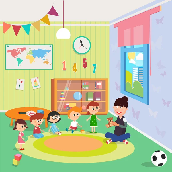 Kindergarten-Innenraum. Mädchen und Jungen sitzen um den Lehrer herum. Vektorillustration — Stockvektor