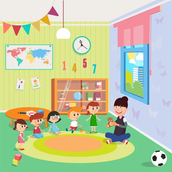 Kindergarden Interior. Niñas y niños sentados alrededor del maestro. Ilustración vectorial — Vector de stock