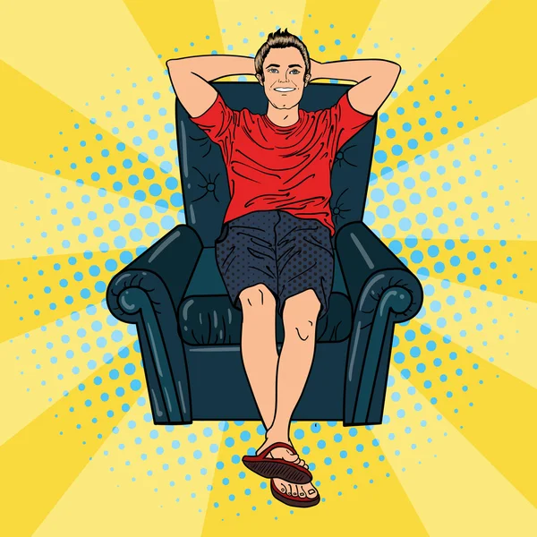 Boldog ember, pihentető, kényelmes szék. Pop-Art. Vektoros illusztráció — Stock Vector
