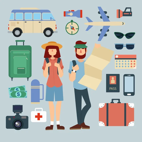 Tourist Man and Woman with Set of Travel Elements. Active People. Vector illustration — Stock Vector
