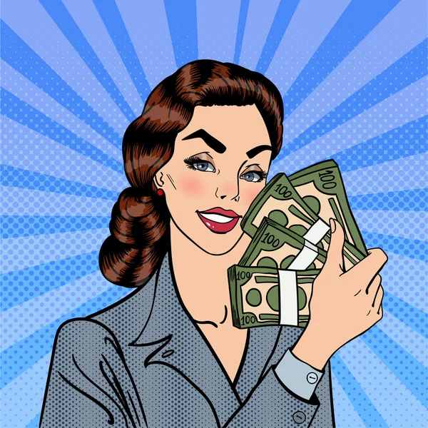 Emocionada mujer de negocios sosteniendo billetes de dólar en su mano. Mujer sonriente con dinero. Arte Pop. Ilustración vectorial — Vector de stock