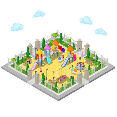 İnsanlar, Sweengs, Carousel, Slayt ve Kum Havuzu ile Parkta Izometrik Çocuk Oyun Alanı