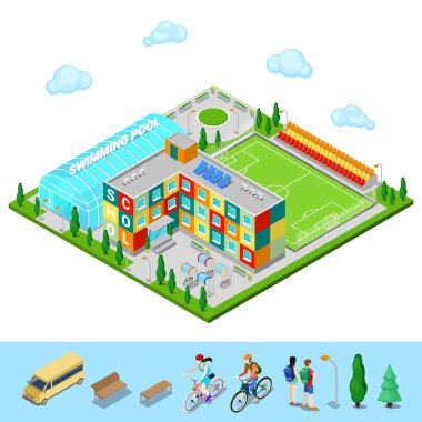 Isometric City. School Building with Swimming Pool and Football Ground vector Isometric City. School Building with Swimming Pool and Football Ground vector