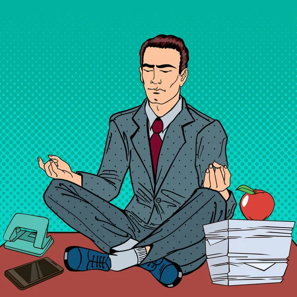 Empresário Relaxante e Meditando na Mesa do Escritório. Arte Pop —  Vetores de Stock