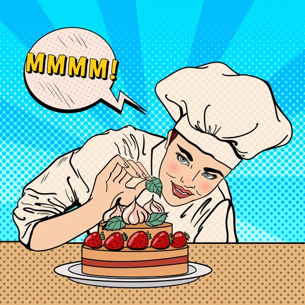 Chef femenino atractivo que decora la torta deliciosa con las fresas. Arte pop — Vector de stock