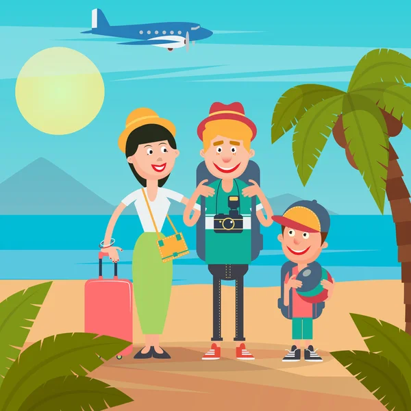 飛行機で旅行する幸せな家族。熱帯休暇の若い家族 — ストックベクタ