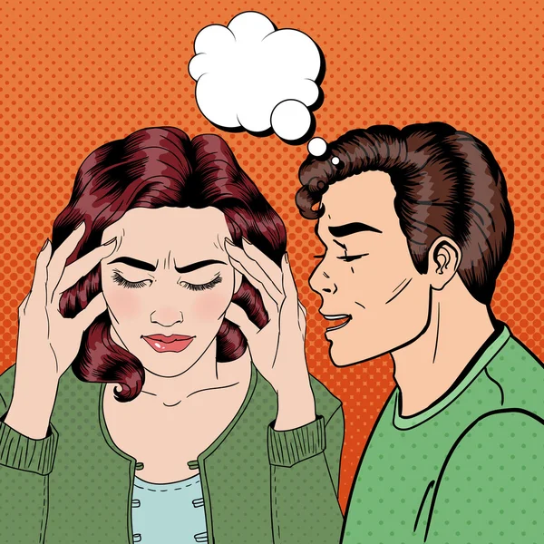 Man Whispering Something to his Stressed Girlfriend. Pop Art — Stock Vector